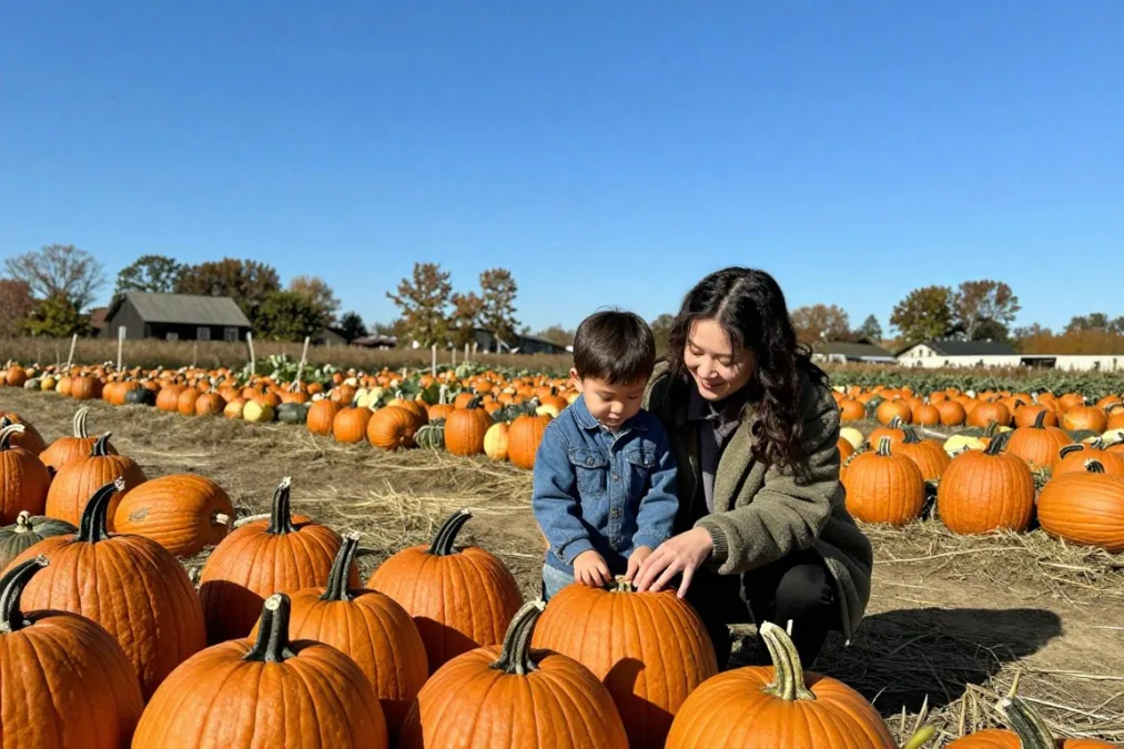 Mother and young son picking out a pumpkin together at a pumpkin patch Mother and young son picking out a pumpkin together at a pumpkin patch