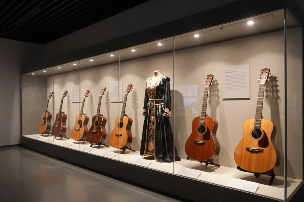 Museum exhibition hall displaying vintage stage instruments and historic costumes under soft display spotlights Museum exhibition hall displaying vintage stage instruments and historic costumes under soft display spotlights