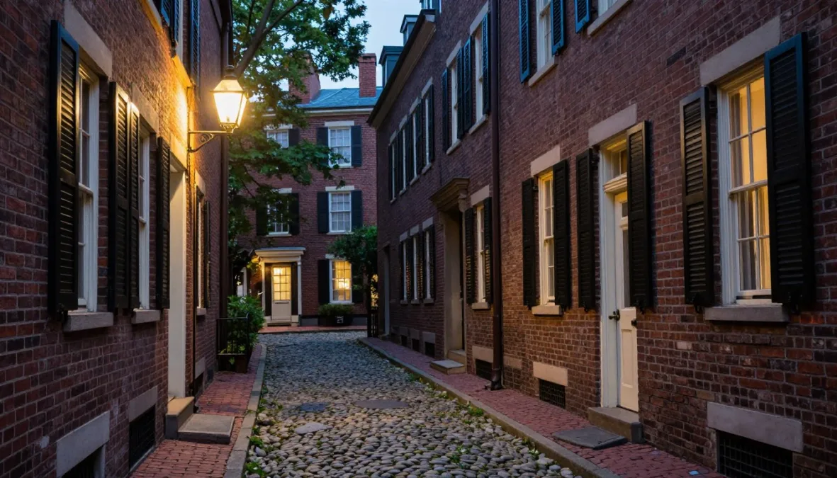 Narrow cobblestone street in Beacon Hill flanked by historic brick townhouses and gas lamps