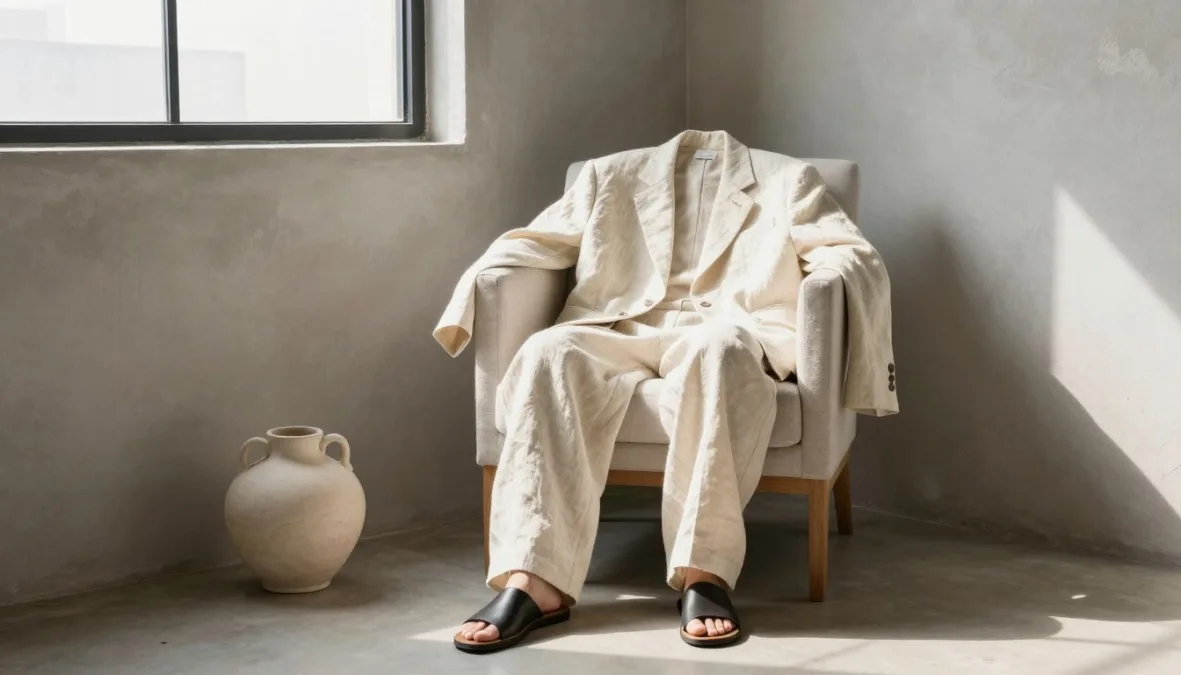 Neutral linen blazer, pleated trousers, and structured ceramic decor pieces Neutral linen blazer, pleated trousers, and structured ceramic decor pieces