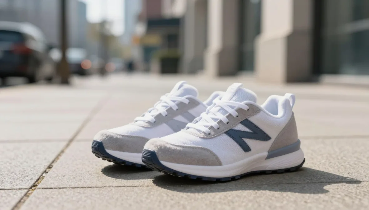 Pair of cushioned athletic shoes sitting on an urban sidewalk during early morning
