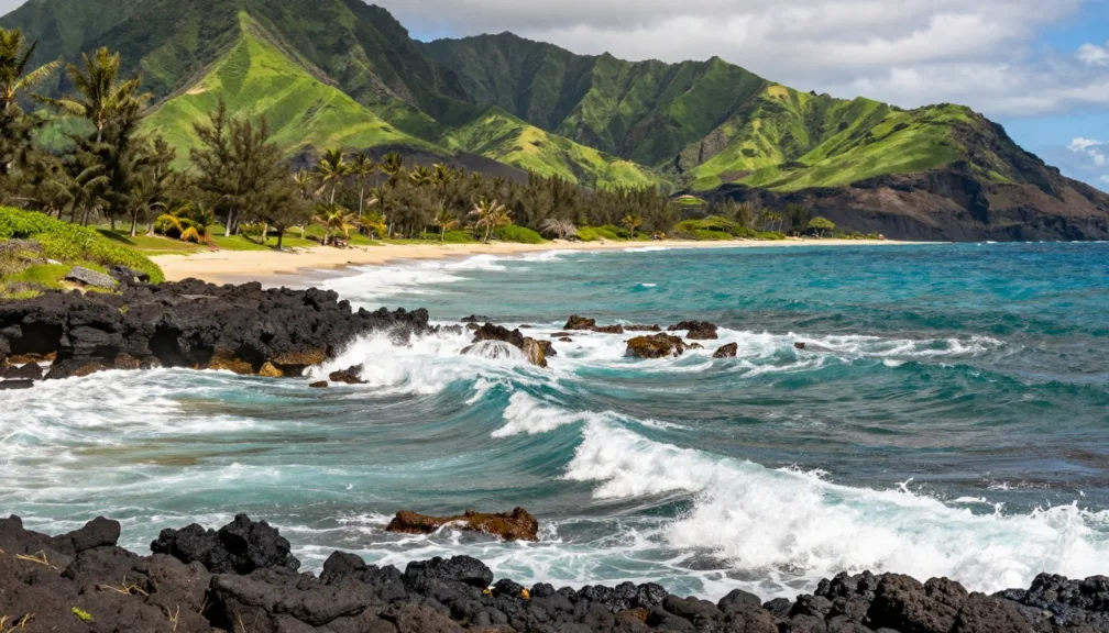 Panoramic view of Maui coastline with turquoise ocean waves and lush volcanic ridges