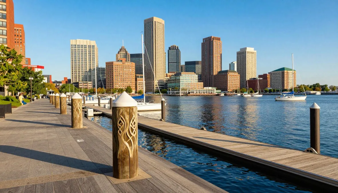 Pedestrian promenade along Boston Harbor with boat docks and modern urban architecture