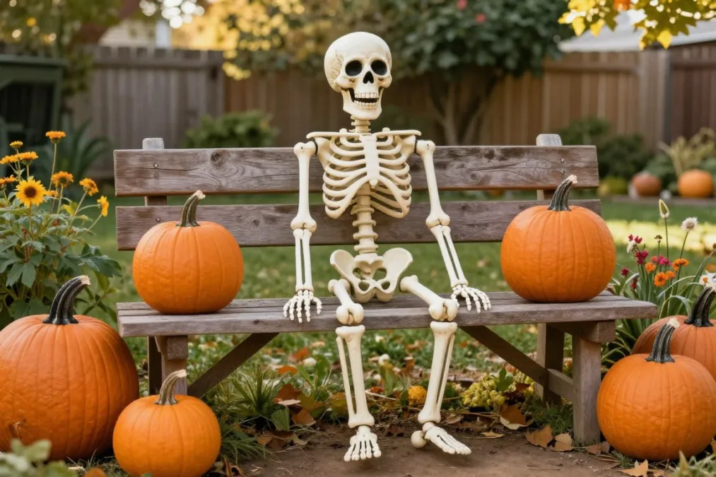 Playful decorative skeleton seated on a park bench surrounded by festive pumpkins Playful decorative skeleton seated on a park bench surrounded by festive pumpkins