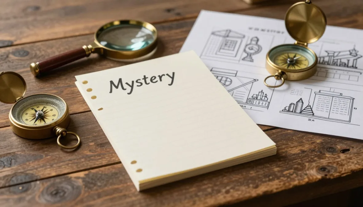 Production notes and magnifying glass on an adventure set table Production notes and magnifying glass on an adventure set table