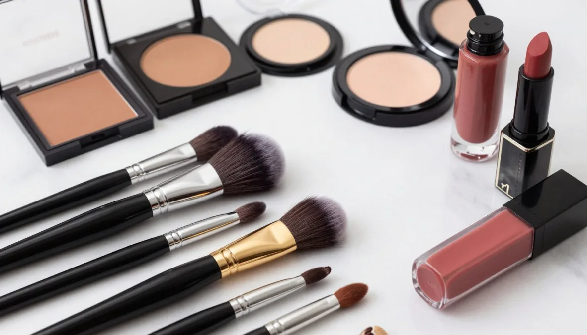 Professional makeup brushes and cosmetic palettes arranged on marble Professional makeup brushes and cosmetic palettes arranged on marble