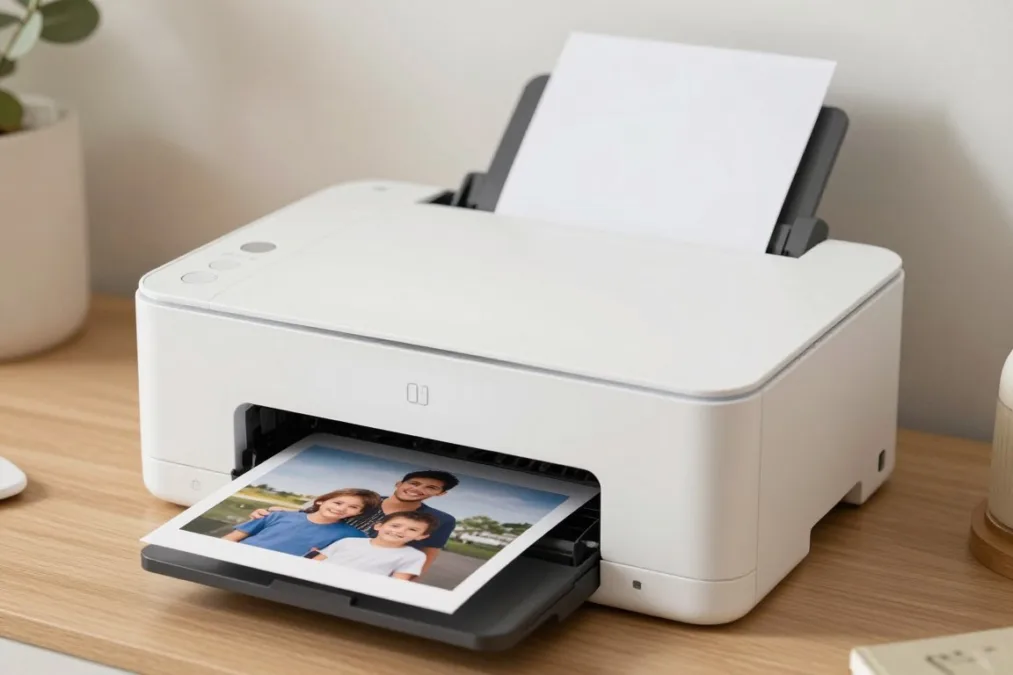 Rear feed printer outputting a glossy family photograph Rear feed printer outputting a glossy family photograph