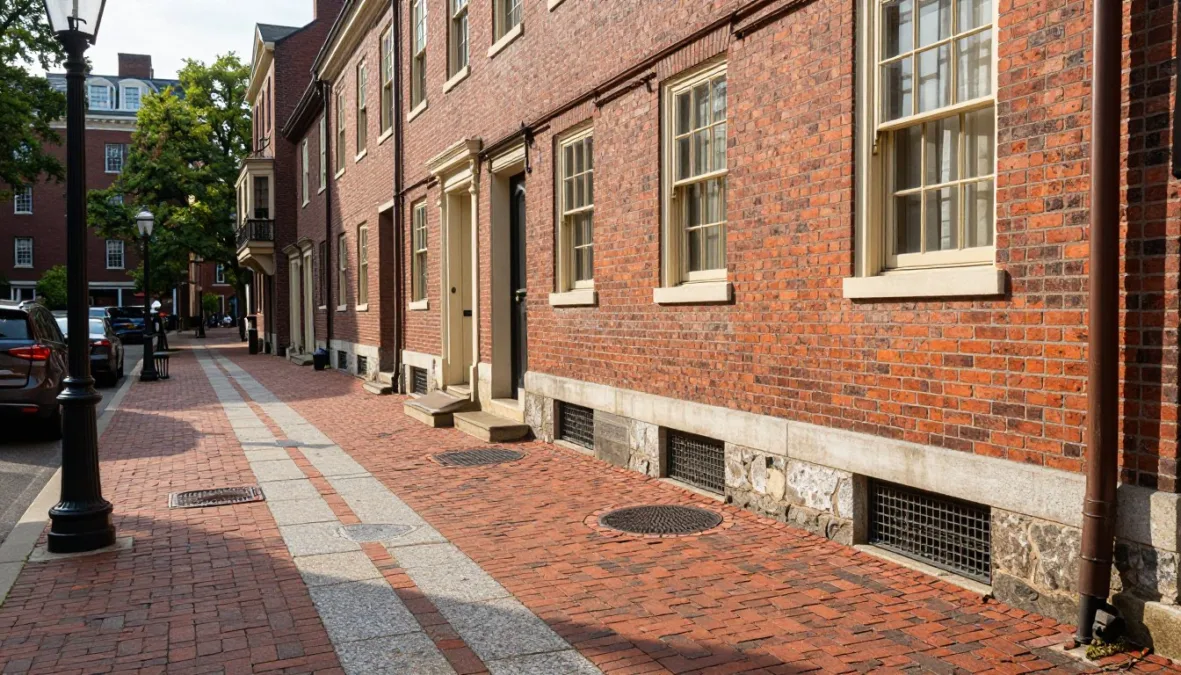Red brick pedestrian path of the Freedom Trail passing through downtown historic district Red brick pedestrian path of the Freedom Trail passing through downtown historic district