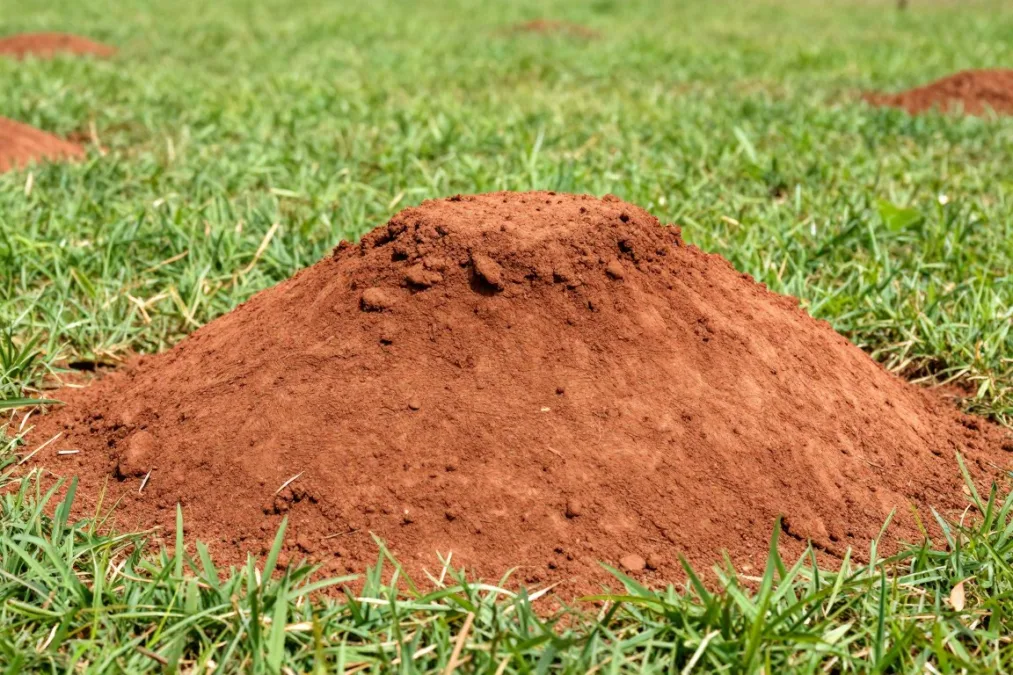 Red imported fire ant mound raised in a suburban grassy lawn