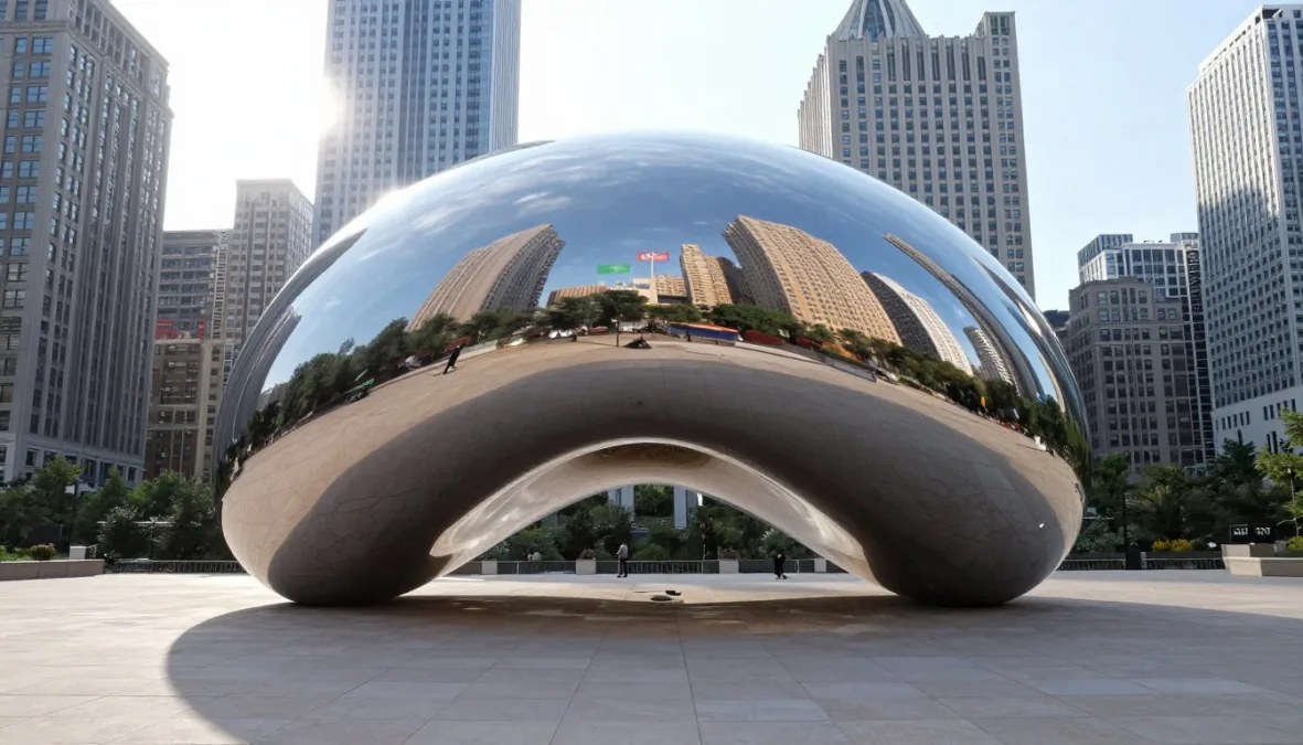 Reflective curved stainless steel sculpture on a public urban plaza Reflective curved stainless steel sculpture on a public urban plaza