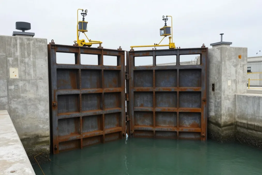 Reinforced concrete flood wall and drainage canal gate