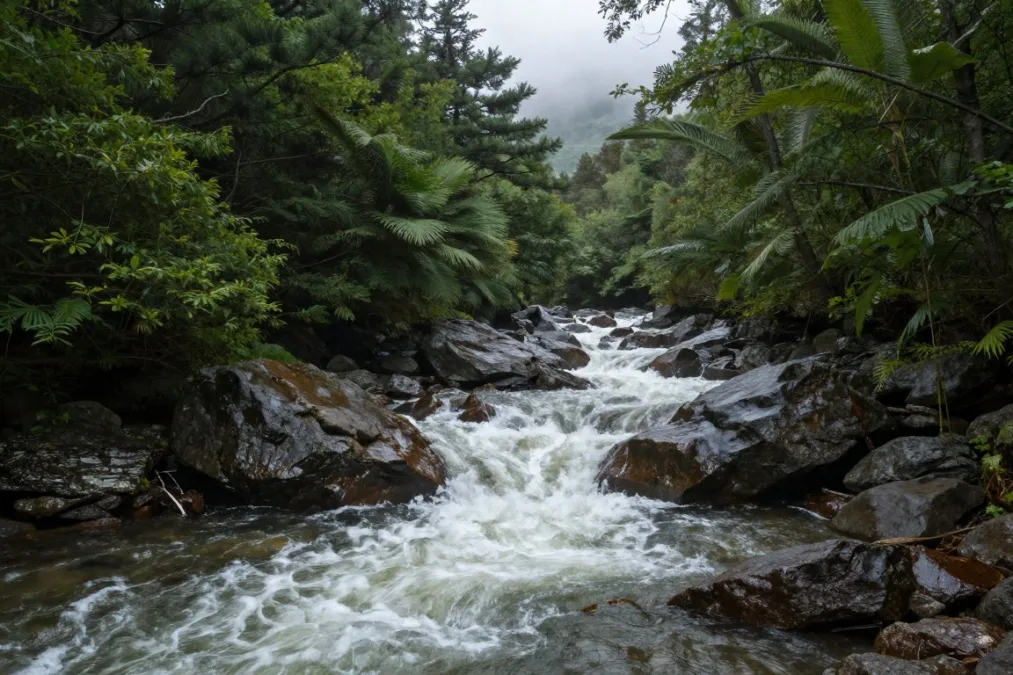 Rocky mountain creek flowing rapidly through a dense green forest