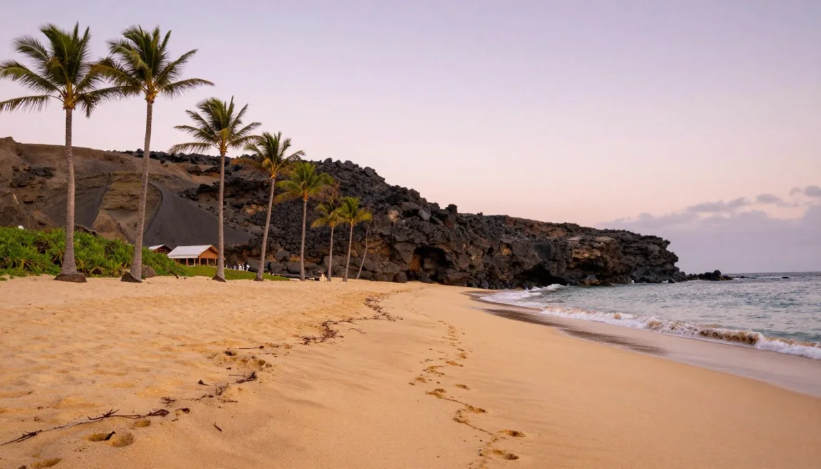 Sandy tropical beach lined with palm trees and a dark volcanic outcrop Sandy tropical beach lined with palm trees and a dark volcanic outcrop