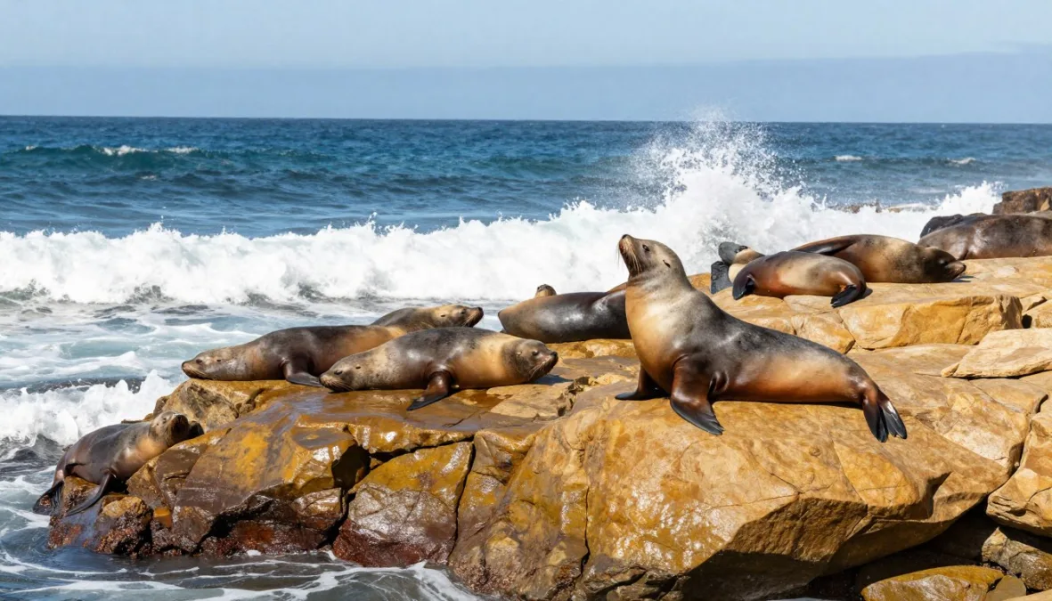 Sea lions resting on the rocky bluffs of the Pacific coast Sea lions resting on the rocky bluffs of the Pacific coast