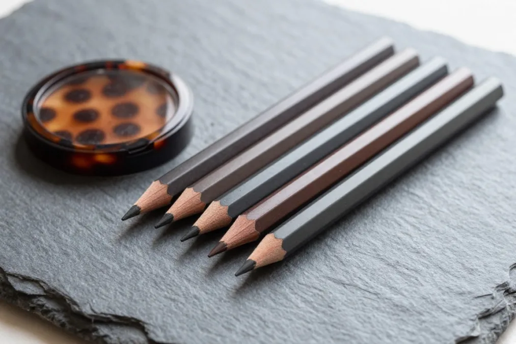 Sharpened deep brown and bronze eye pencils resting beside an tortoiseshell compact on a neutral surface Sharpened deep brown and bronze eye pencils resting beside an tortoiseshell compact on a neutral surface