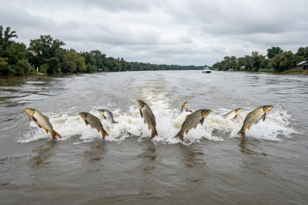 Silver carp leaping out of a river behind an outboard motorboat