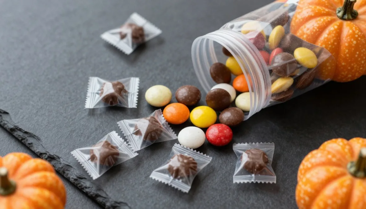 Small colorful candy pouches piled in a decorative container Small colorful candy pouches piled in a decorative container