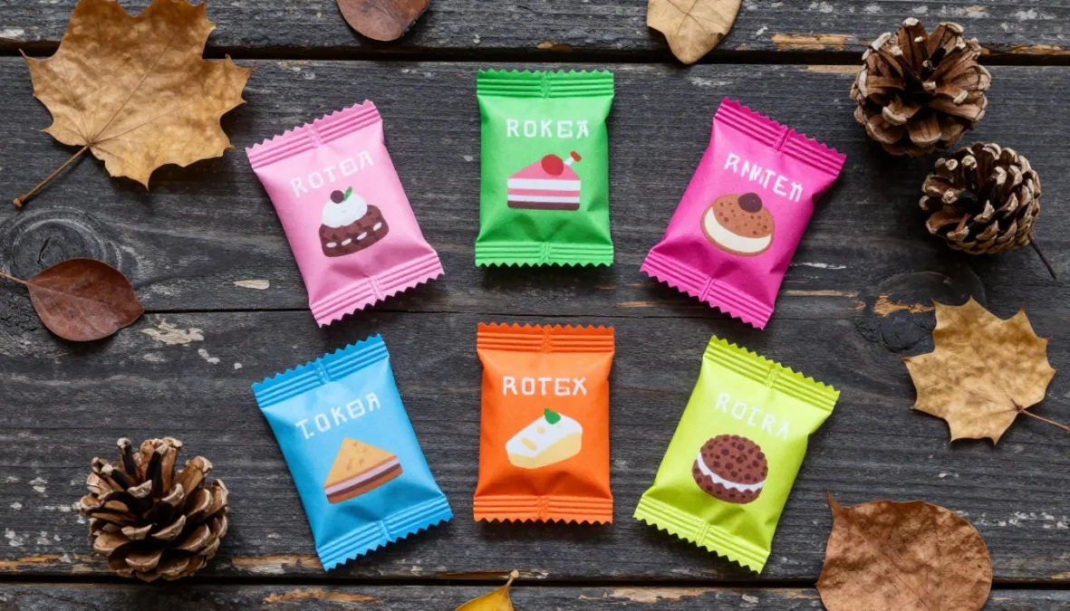 Small pouches of chewy sour candies lying on a dark wooden background Small pouches of chewy sour candies lying on a dark wooden background