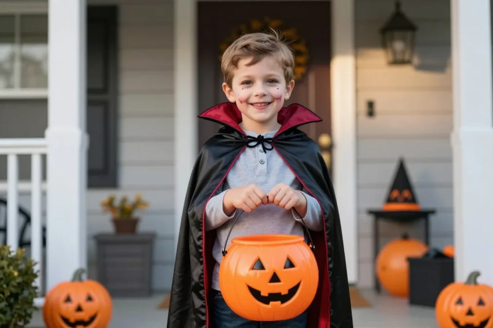 Smiling boy dressed as a friendly vampire holding a small treat bucket in front of porch decorations Smiling boy dressed as a friendly vampire holding a small treat bucket in front of porch decorations