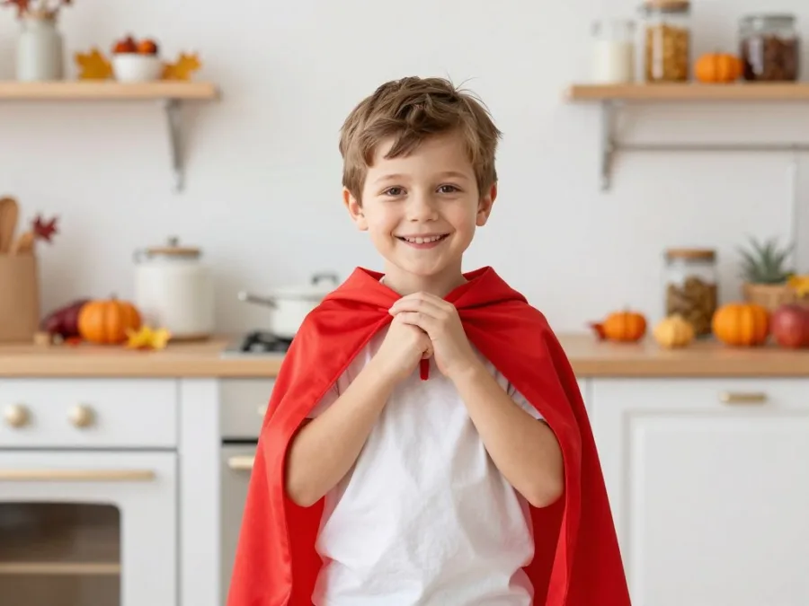 Smiling boy showing off a toy vampire cape and plastic fangs Smiling boy showing off a toy vampire cape and plastic fangs