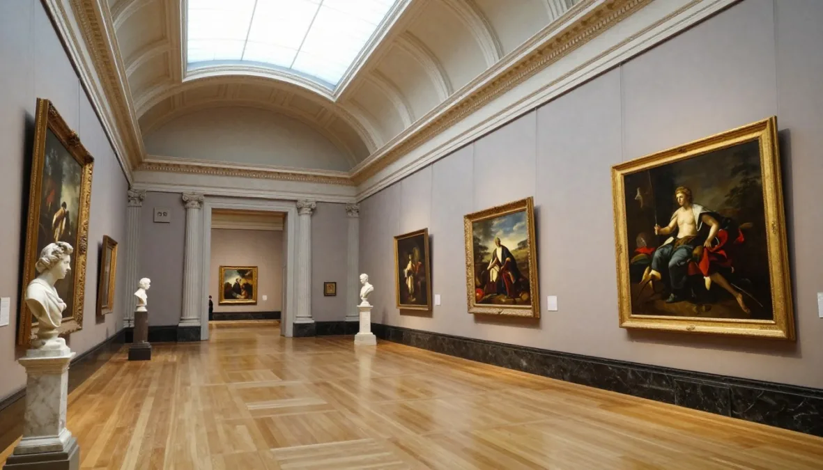 Spacious classical art gallery inside the Museum of Fine Arts displaying paintings and sculptures