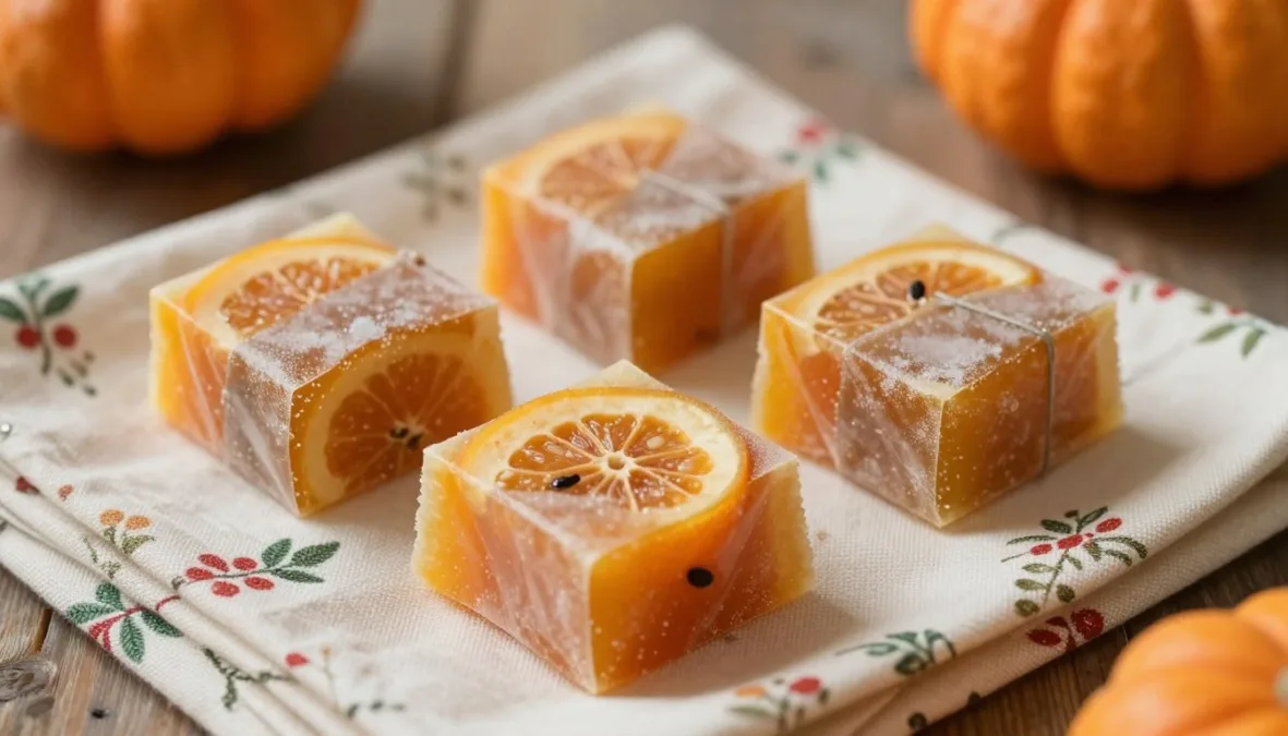 Square fruit chews wrapped in bright paper sitting on a festive napkin Square fruit chews wrapped in bright paper sitting on a festive napkin