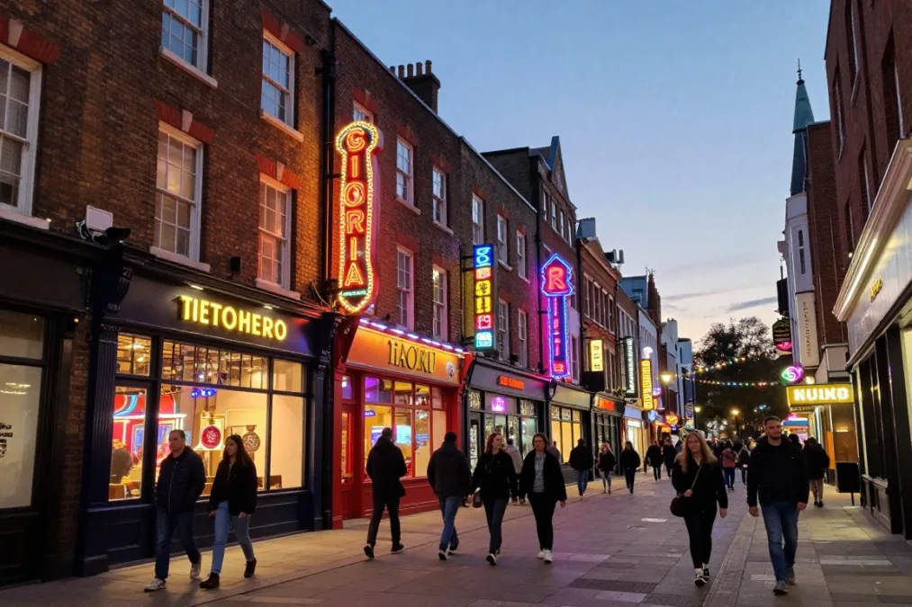 Street scene of a neon-lit downtown entertainment boulevard lined with historic multi-story brick facades Street scene of a neon-lit downtown entertainment boulevard lined with historic multi-story brick facades