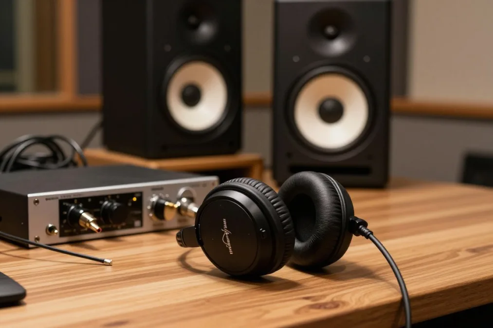 Studio headphones resting on a wooden desk Studio headphones resting on a wooden desk