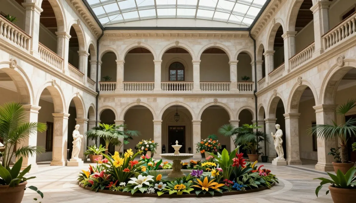 Sunlit interior courtyard of an Italianate palace filled with blooming flowers, classical sculptures, and stone arches