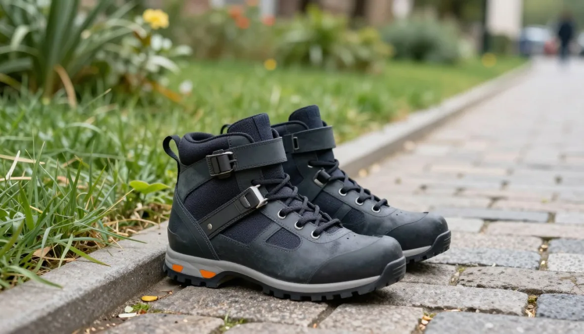 Supportive walking footwear resting beside a stone bench along a landscaped walkway