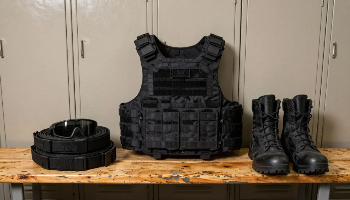 Tactical equipment including ballistic vest and combat boots on a wooden bench