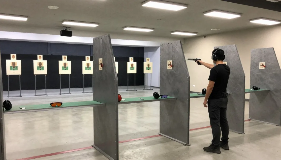 Tactical shooting range with silhouette targets and protective gear