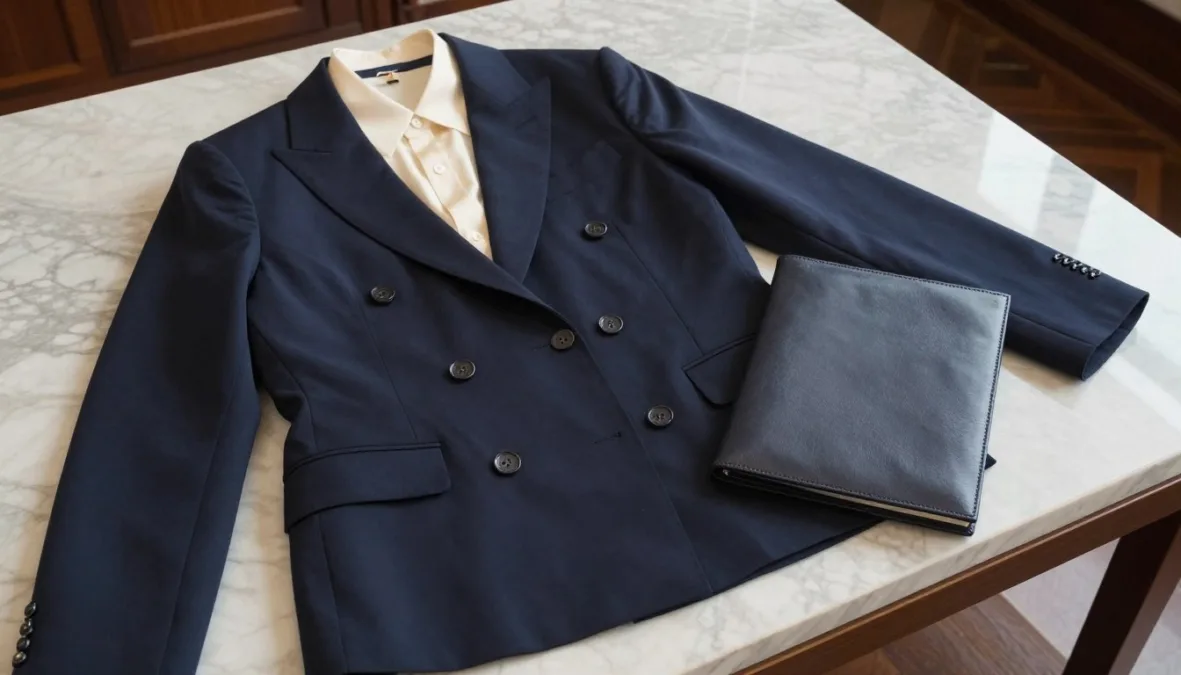 Tailored double-breasted navy blazer, silk blouse, and leather portfolio case Tailored double-breasted navy blazer, silk blouse, and leather portfolio case