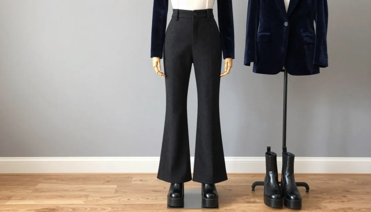 Tailored flared menswear trousers, velvet blazer, and platform leather boots Tailored flared menswear trousers, velvet blazer, and platform leather boots