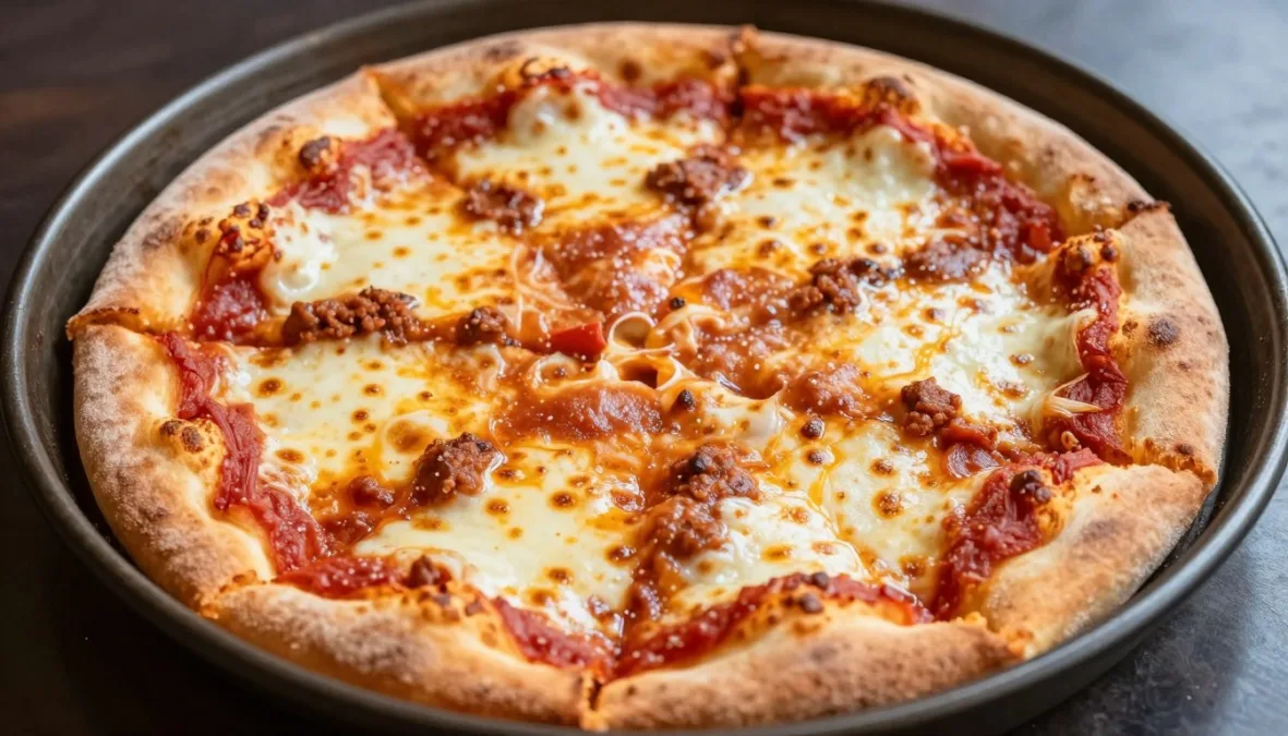 Thick deep-dish pizza with rich tomato sauce and golden crust in a round baking pan Thick deep-dish pizza with rich tomato sauce and golden crust in a round baking pan