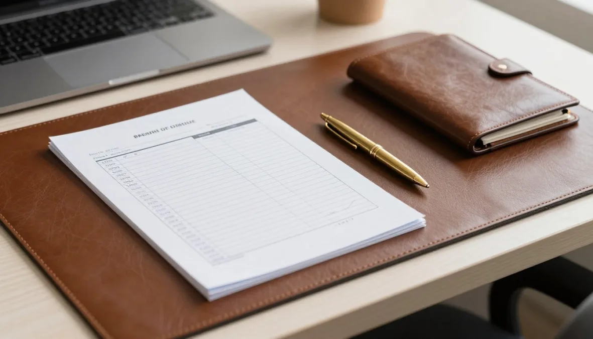 Tidy consultation office desk with a leather desk pad and payment folder Tidy consultation office desk with a leather desk pad and payment folder