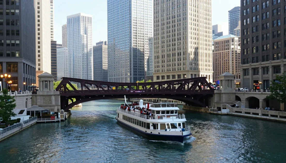 Tour boat navigating the Chicago River flanked by historic and modern skyscrapers Tour boat navigating the Chicago River flanked by historic and modern skyscrapers