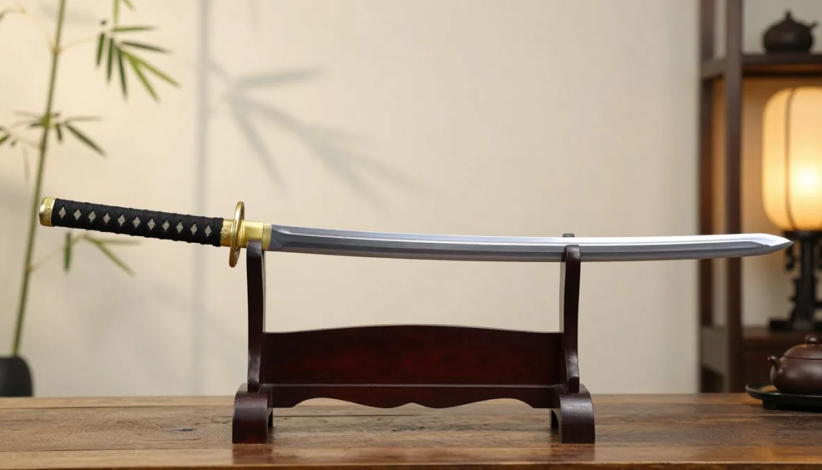 Traditional Japanese style katana resting on an ornamental display stand