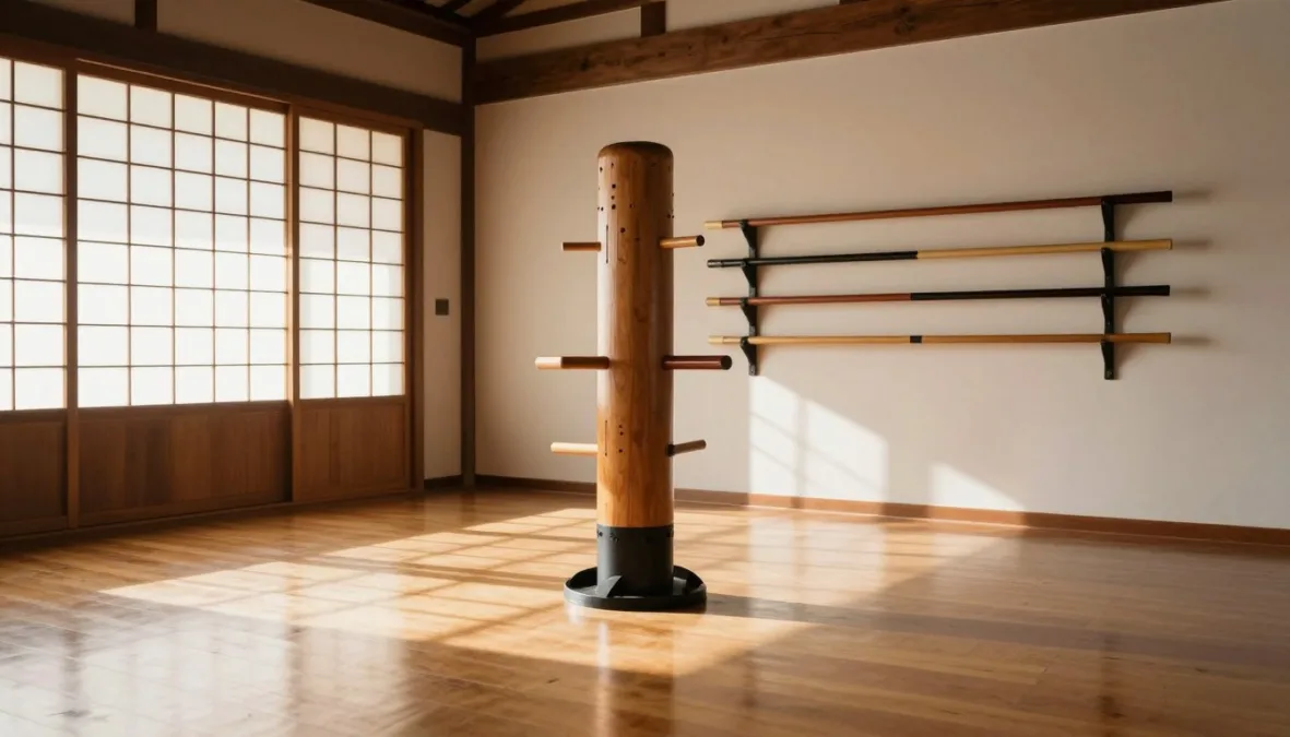 Traditional martial arts training dojo with wooden dummy and floor mats
