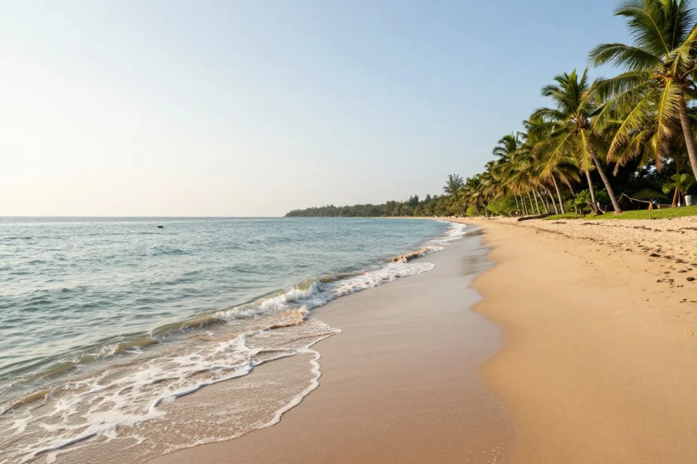 Tropical ocean coastline with gentle waves hitting sandy shore