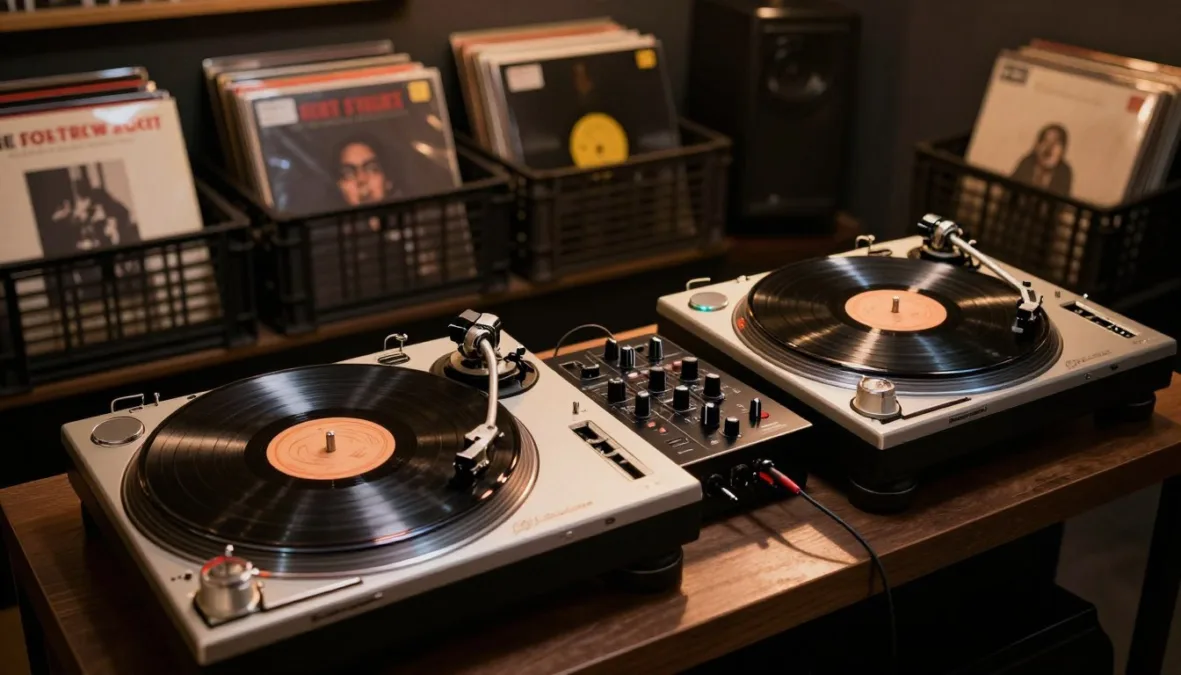 Turntables and records representing the top 10 female rappers of all time