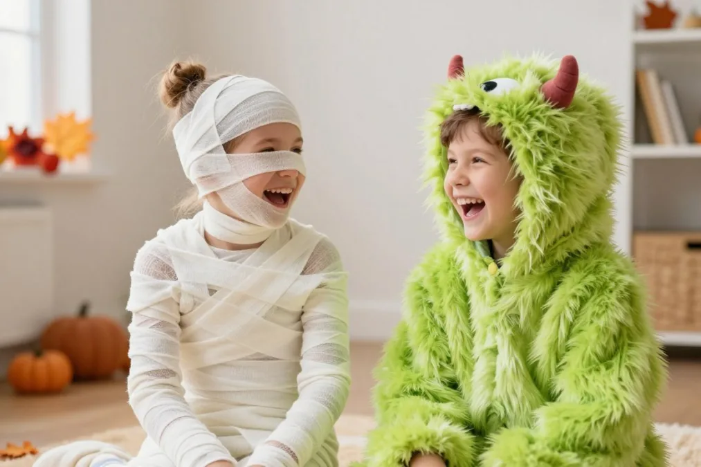 Two kids dressed as a mummy and a friendly green monster laughing indoors Two kids dressed as a mummy and a friendly green monster laughing indoors