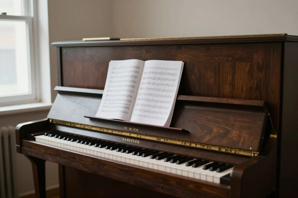 Upright studio piano with sheet music in rehearsal hall Upright studio piano with sheet music in rehearsal hall