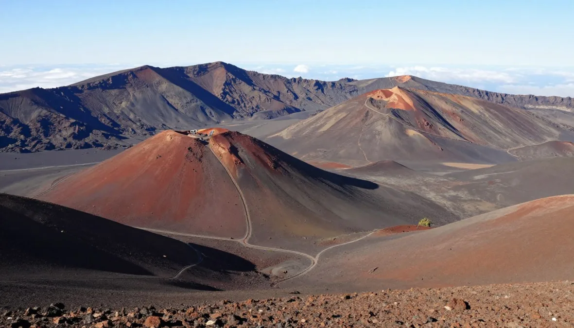 Vast volcanic crater landscape at Haleakala under clear skies Vast volcanic crater landscape at Haleakala under clear skies