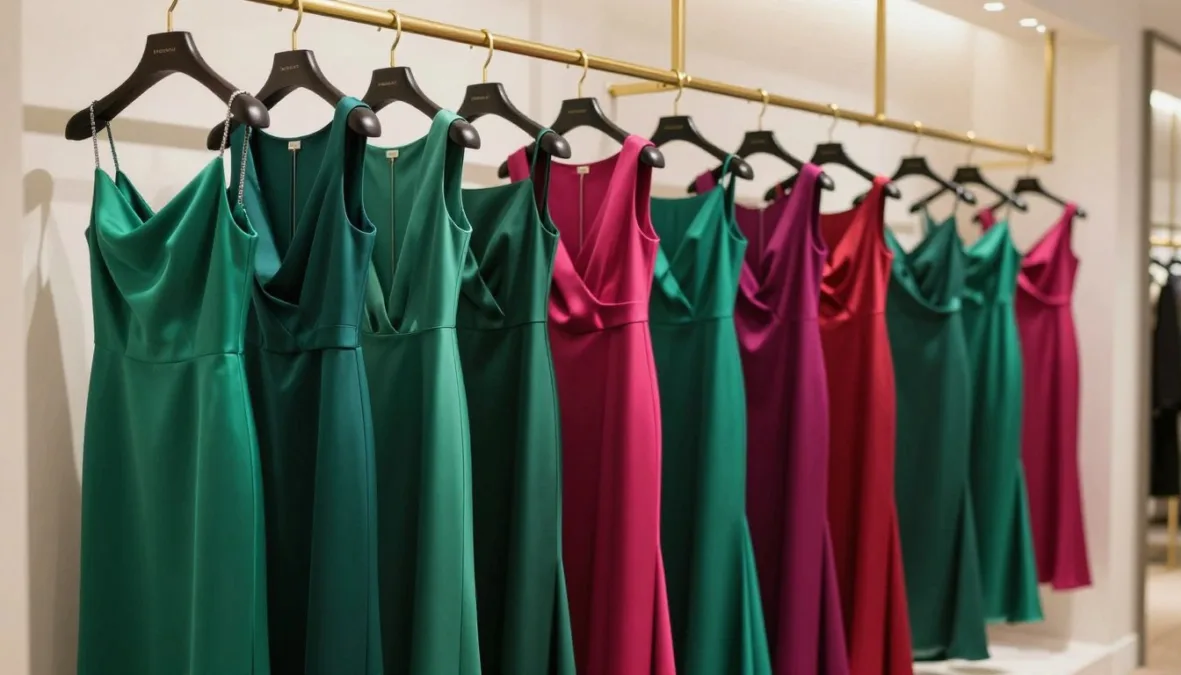 Vibrant silk evening gowns hanging against an elegant white boutique wall Vibrant silk evening gowns hanging against an elegant white boutique wall