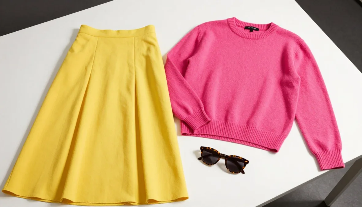 Vibrant yellow pleated skirt, hot pink knit sweater, and oversized sunglasses Vibrant yellow pleated skirt, hot pink knit sweater, and oversized sunglasses