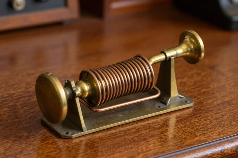 Vintage brass telegraph key mounted on a polished mahogany base Vintage brass telegraph key mounted on a polished mahogany base
