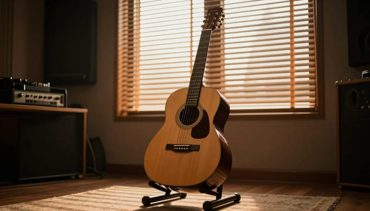 Vintage classical acoustic guitar on a wooden stand in an empty tracking room