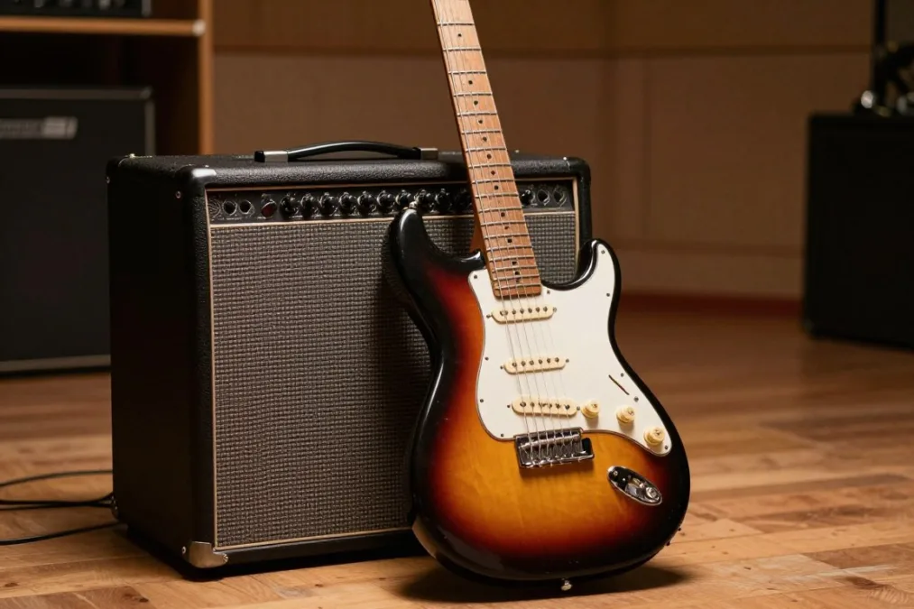 Vintage electric guitar leaning against an amplifier Vintage electric guitar leaning against an amplifier