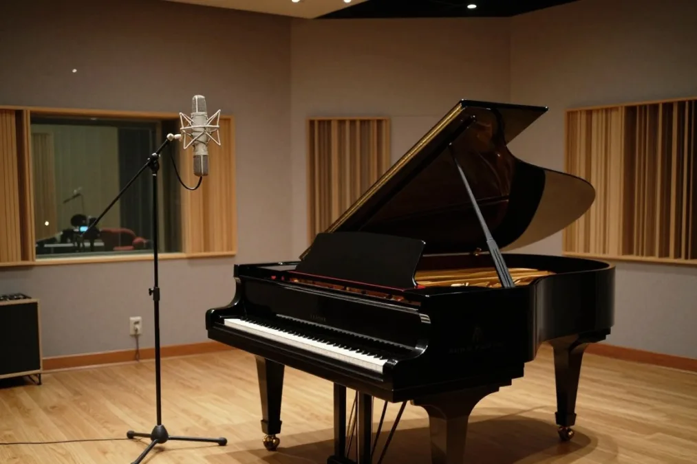 Vintage recording studio room with an acoustic piano, vintage microphones, and retro sound baffle panels Vintage recording studio room with an acoustic piano, vintage microphones, and retro sound baffle panels